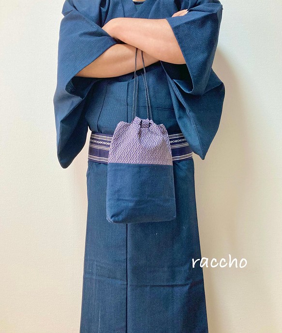 【kimono】着物リメイク 青海波×無地 信玄袋 1枚目の画像