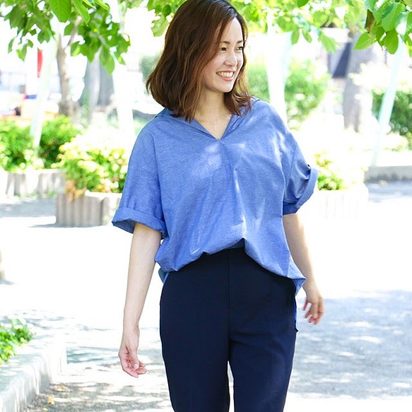 【Women's】セーラーカラーかもめシャツ / blue 1枚目の画像