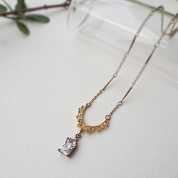 蕾絲小領結 長方鋯石 黃銅項鍊 輕珠寶  B25 第1張的照片