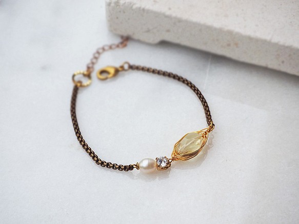 檸檬水晶 天然石珍珠鋯石手鍊 黃銅手鍊 輕珠寶 B36 第1張的照片