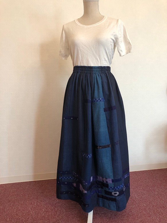 ☆手作り 1点もの 古布 藍染め 琉球絣 スカート ☆ 1枚目の画像