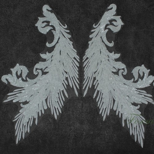 チュールスパンコール刺繍モチーフ 1対 羽根 白刺繍ｘオフ白 