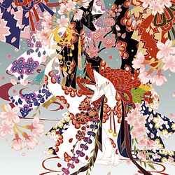 大判・ポストカード桜と狐ブルー　2枚セット 1枚目の画像