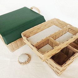在庫処分 裁縫箱セット(緑×白ドット)ナチュラル クラフトバンド 針刺し付 見せる収納 シンプル 1枚目の画像