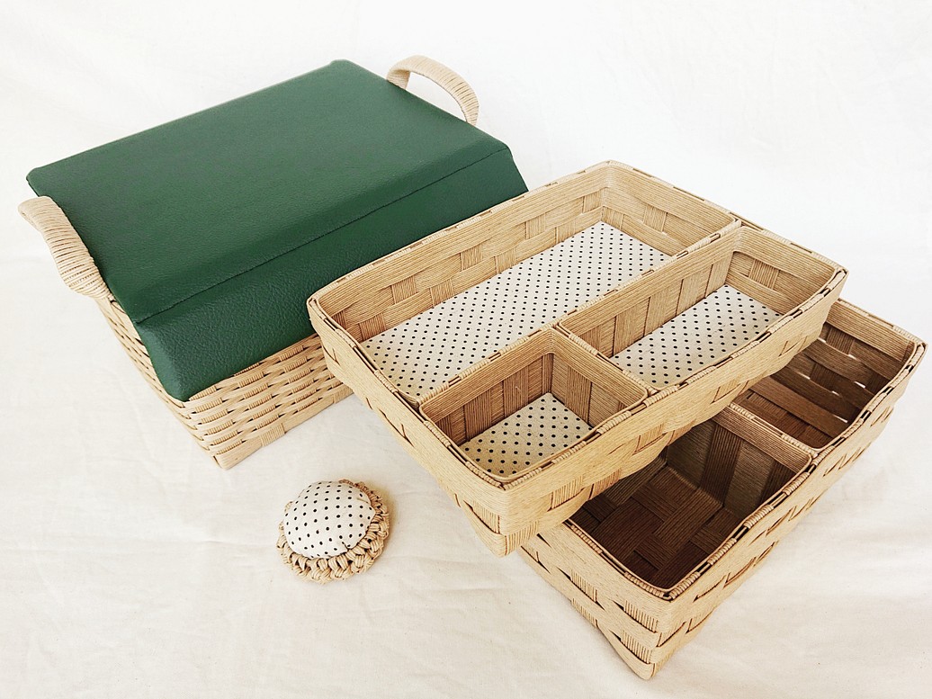 在庫処分 裁縫箱セット(緑×白ドット)ナチュラル クラフトバンド 針刺し付 見せる収納 シンプル 1枚目の画像
