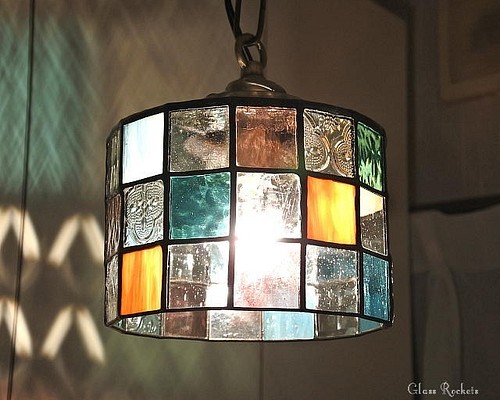 再販 1点物「 四角で丸いランプ 」 ステンドグラス 照明 ランプ