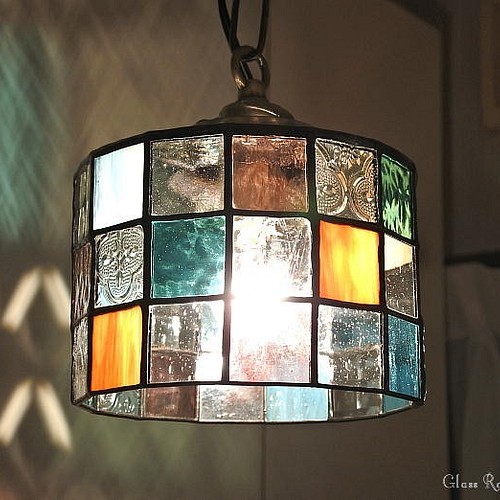 再販 1点物「 四角で丸いランプ 」 ステンドグラス 照明 ランプ 