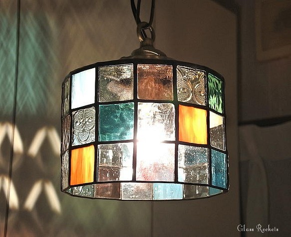 再販 1点物「 四角で丸いランプ 」 ステンドグラス 照明 ランプ 
