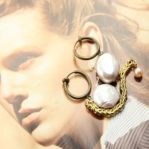 絕色黃銅系列- 淡水珍珠與黃銅 溫潤耳飾AG FASHION 第1張的照片