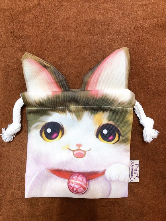 プルイヤーアニマルシェイプ巾着袋-三華猫 1枚目の画像