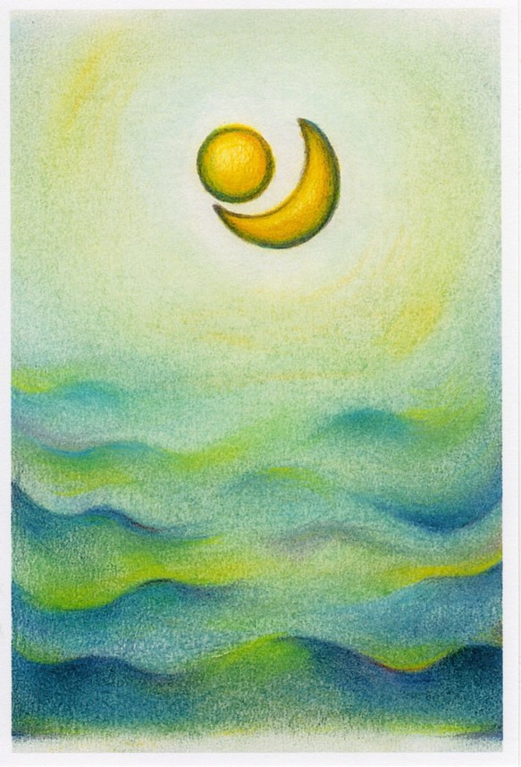 パステル・色鉛筆で描く 「浮かぶ月」イラスト原画・額縁入り