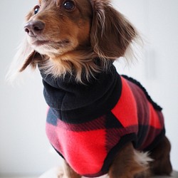犬服　ダックスちゃんのポケット付ハイネックタンクトップ　赤黒チェック 1枚目の画像