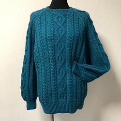 純毛　手編み棒針編み　メンズ　セーター　M～L　ターコイズ　 1枚目の画像