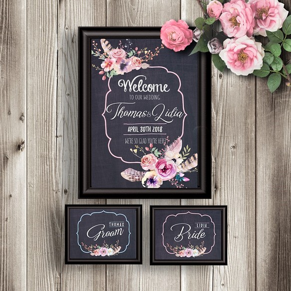 【無料で受付サイン付】ウェルカムボード 黒板 チョークボード ピンク 花 ウェディング 結婚式 1枚目の画像