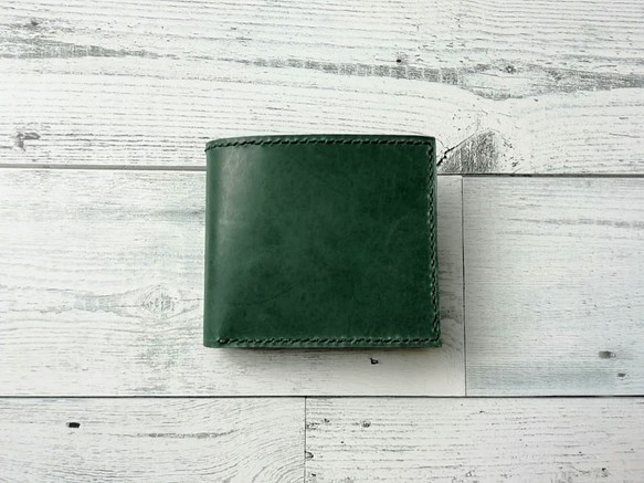 ２つ折り財布（グリーン） ボックス型小銭入れ 革小物 レザークラフト レザーウォレット