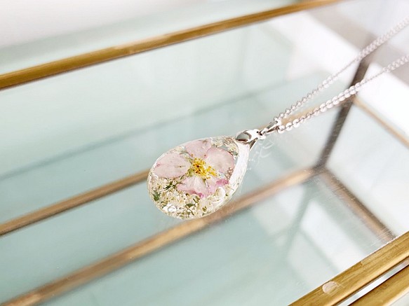 將真正的櫻花（京王櫻花）和蕾絲花朵包裹起來的滴樹脂項鍊（吊墜） 第1張的照片
