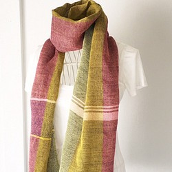 【棉與法國亞麻：全季】男女皆宜：手工編織披肩“黃色與深藍色混合” 第1張的照片