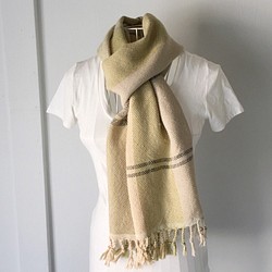 [Baby Alpaca] 男女通用手工編織圍巾“Beige &amp; Green Color Mix” 第1張的照片