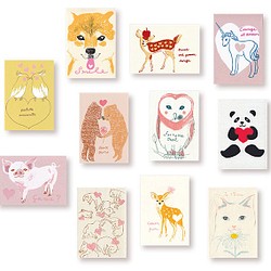 愛を伝える動物達11種＊版画（シルクスクリーン）ポストカード11枚 オカメインコ 柴犬 ハート バレンタイン 1枚目の画像