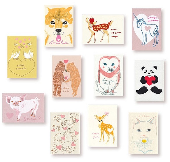 愛を伝える動物達11種＊版画（シルクスクリーン）ポストカード11枚 オカメインコ 柴犬 ハート バレンタイン 1枚目の画像