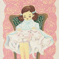 スカートの中の猫＊シースルー封筒付小さな版画パルフェ＊バラ、女の子、ピンク 1枚目の画像