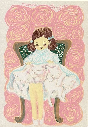 スカートの中の猫＊シースルー封筒付小さな版画パルフェ＊バラ、女の子、ピンク 1枚目の画像