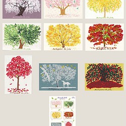 四季の木＊版画（シルクスクリーン）ポストカード9枚とシール１枚セット＊桜、ミモザ、オリーブ、銀杏、紅葉、花水木、椿 1枚目の画像