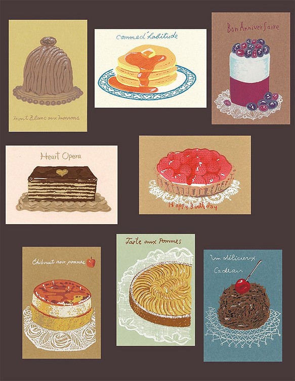 スィーツフェア＊版画（シルクスクリーン）ポストカード＊8枚セット＊パンケーキ、モンブラン、苺タルト、オペラ、ケーキ 1枚目の画像