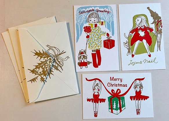 ガーリー Xmas＊版画（シルクスクリーン）単カードと封筒の3枚セット＊クリスマス 女の子 バレエ 雪 ブル ソファ 1枚目の画像