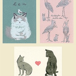 猫の人生色々＊版画（シルクスクリーン）＊3枚セット＊ ラグドール,ロシアンブルー,ハシビロコウ,グレイ猫,動物,禅 1枚目の画像