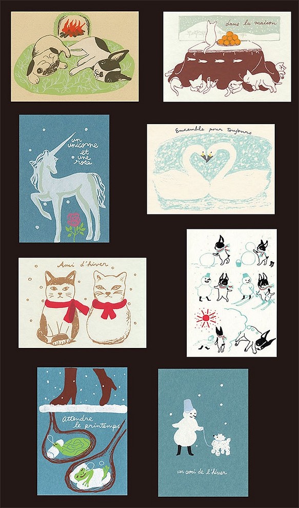動物冬*印刷（絲印）* 8明信片*雪人貓冬眠法國公牛哈巴狗獨角獸 第1張的照片