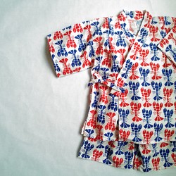 子供甚平　moda fabric  ザリガニ柄　赤×青　110サイズ 1枚目の画像