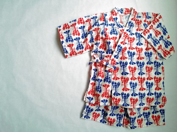 子供甚平　moda fabric  ザリガニ柄　赤×青　110サイズ 1枚目の画像