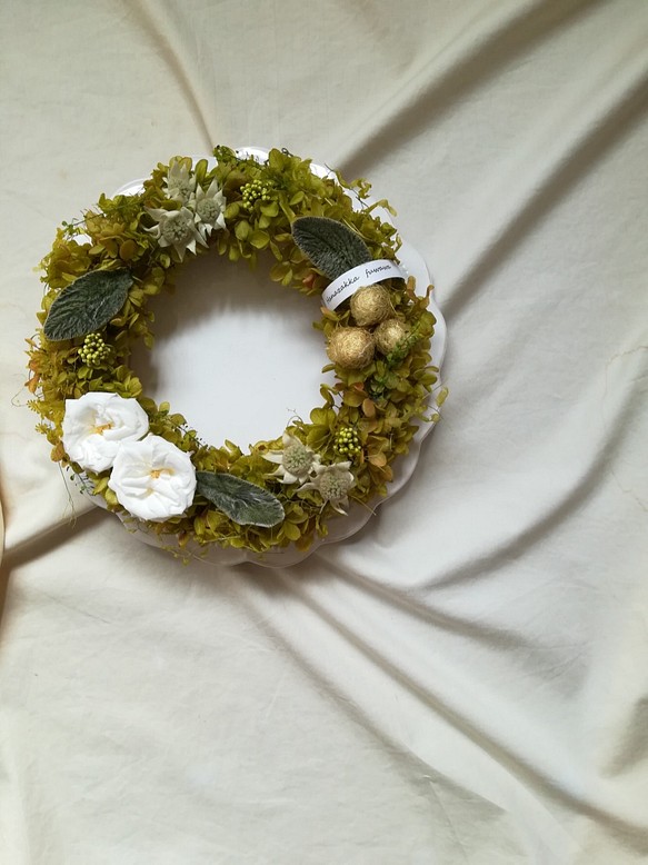 フレンチマリアンヌのgreen dolce wreath(ドルチェリース)　プリザーブドフラワードライフラワー 1枚目の画像