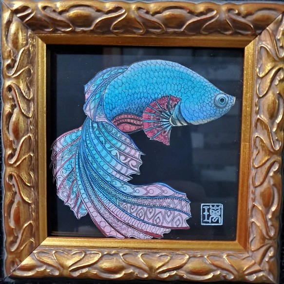 原画 一点もの ボールペンアート 額装付き 百貨店作家 人気 ボールペン画 絵画 ベタの絵 淡水魚 ベタ 1枚目の画像