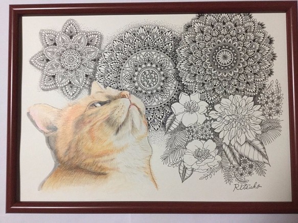 売り出し新品 ミニ原画 猫 ボールペン画 額縁付き archivohistorico