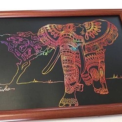 原画 肉筆 一点もの クラッチアート 象 ぞう　ゾウ 百貨店作家 絵画 ボールペンアート