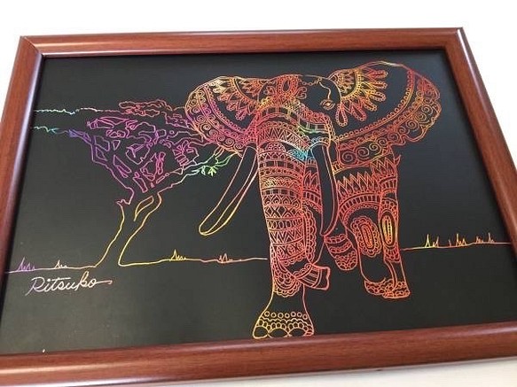 原画 肉筆 一点もの クラッチアート 象 ぞう　ゾウ   百貨店作家 絵画 ボールペンアート 1枚目の画像