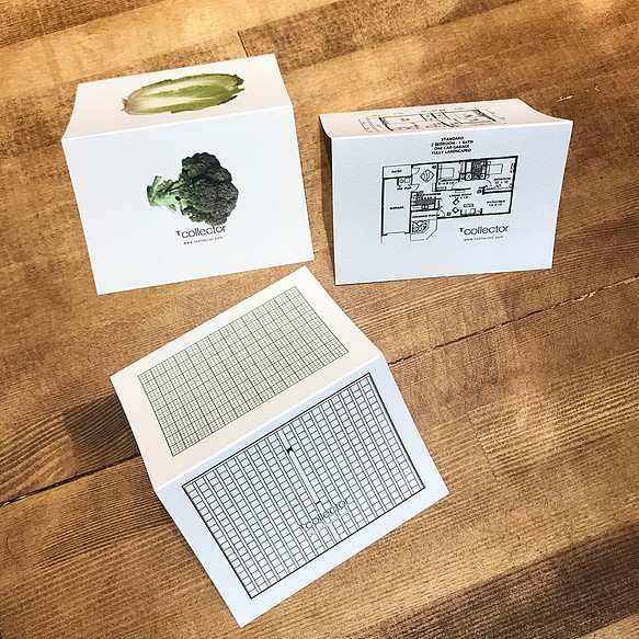 サンキューカード /メッセージカード　間取りや野菜、原稿用紙のシュールな二つ折りカードミニ　３点セット 1枚目の画像