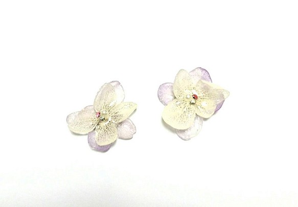 保鮮花“白色紫色繡球耳環/耳環” 第1張的照片