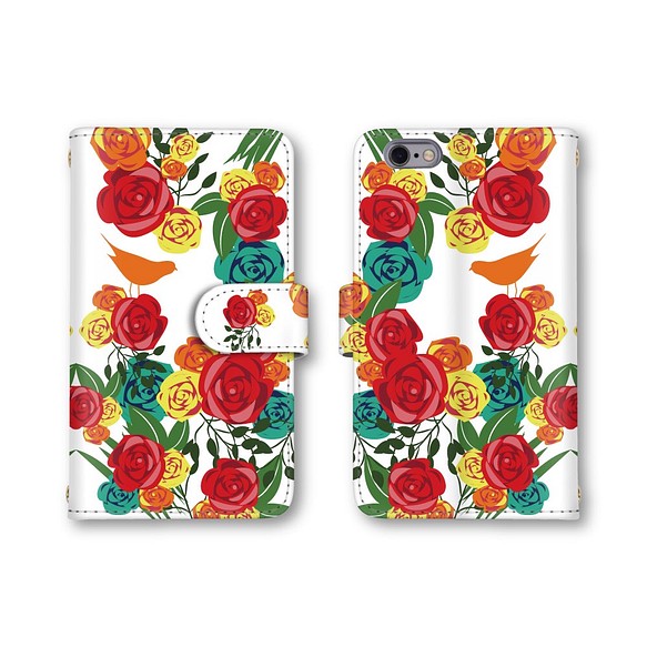 可愛い お花 薔薇柄 バラ 手帳型ケース 送料無料 スマホケース 選べるミラー カバー 花柄 1枚目の画像