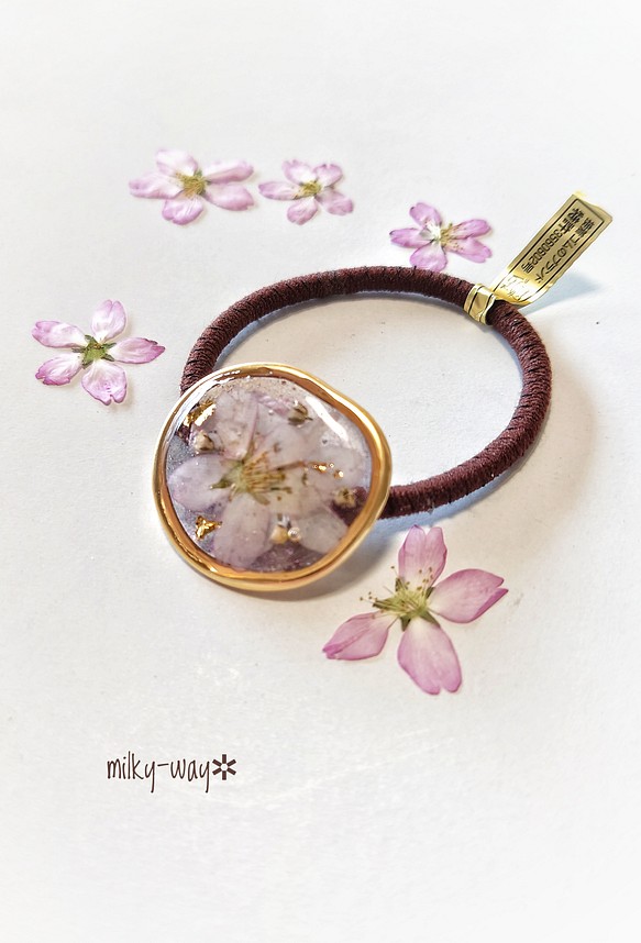ケイオウ桜と優美な歪みリングのヘアゴム／紫レジンに霞む桜 1枚目の画像