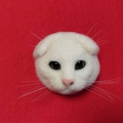 白のスコティッシュフォールドの猫ブローチ381 羊毛フェルト　猫　リアル　ぬいぐるみ　愛猫　スコティッシュフォールド 1枚目の画像
