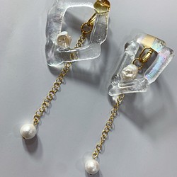 熱融玻璃 天然珍珠 耳夾式耳環 第1張的照片