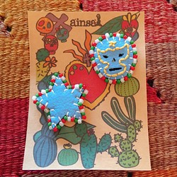 ルチャ・リブレ×スター イヤリング メキシコ 星 ブルー カラフル フェイクレザー 刺繍 ビーズ 1枚目の画像