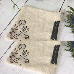 キット2枚組    ボタニカル刺繍コースター麻布ベージュ花柄 1枚目の画像