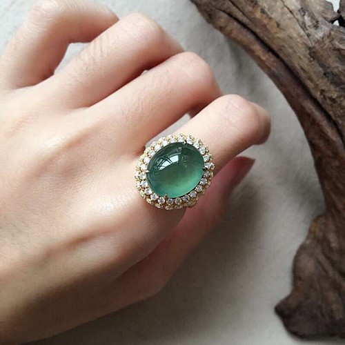 365 極上品 青緑 氷種 本翡翠 18k金 ダイヤモンド リング 指輪 結婚 