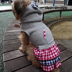 グレー地フード付きギンガムチェックフリフリ３段スカートsdw003　#小型犬　#トイプードル　#チワワ　#マルチーズ 1枚目の画像