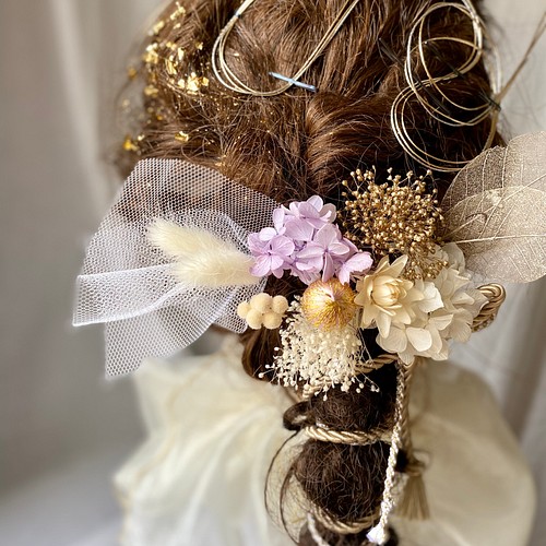 金箔＆水引付き 紫陽花とプリザーブドフラワーと飾り紐の髪飾り 紫 