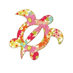 花柄 ピンク  ホヌ （ウミガメ）モチーフ アップリケ ワッペン アイロン接着可能 ５枚セット 1枚目の画像